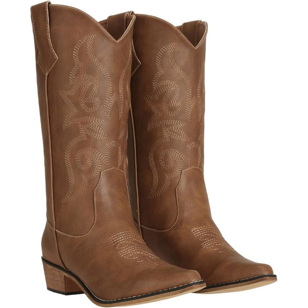 SheSole Western Boots Women Brown  Faux Leather Square Toe Wide Mid Calf - Picture 7 of 7